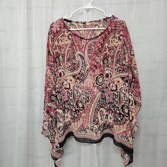Mirabeau Pink Black Floral Paisley Blouse Peasant Boho Gypsy Festival Sheer L - Picture 7 of 12